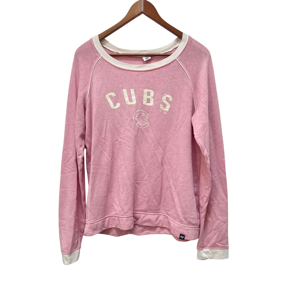 47 Brand Chicago Cubs Pink Raglan Sweatshirt Women Large Distressed Graphic MLB